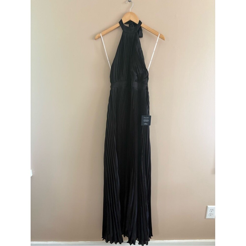 Lulus Midnight Moves Black Pleated Satin Cutout Halter Maxi Dress Size Small NWT - Picture 3 of 11